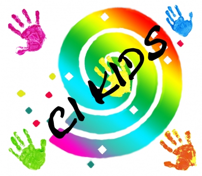 Logo der Abteilung CI KIDS, bunte Schnecke, bunte Kinderhände