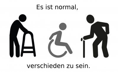 Ein Mensch mit Rollator, einer im Rollstuhl und einer mit einem Gehstock. Es ist normal, verschieden zu sein.