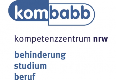 Logo von kombabb in blau mit den Schlagworten: kombabb-Kompetenzzentrum NRW, Behinderung, Studium und Beruf. 