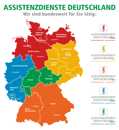 Zeigt die Deutschland Karte mit farblicher Aufteilung der einzelnen Zuständigkeitsbereiche der Assistenzdienste Deutschland.