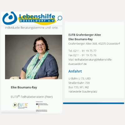 Foto und Logo EUTB(R) BMAS, Lebenshilfe e.V. Text zu Adresse, Anfahrt, Öffnungszeiten. Die Teilhabeberaterin lächelt.