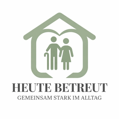 Grünes Logo mit zwei Personen unter einem Hausdach, eine Person mit Gehstock. Text: „Heute Betreut – Gemeinsam stark im Alltag